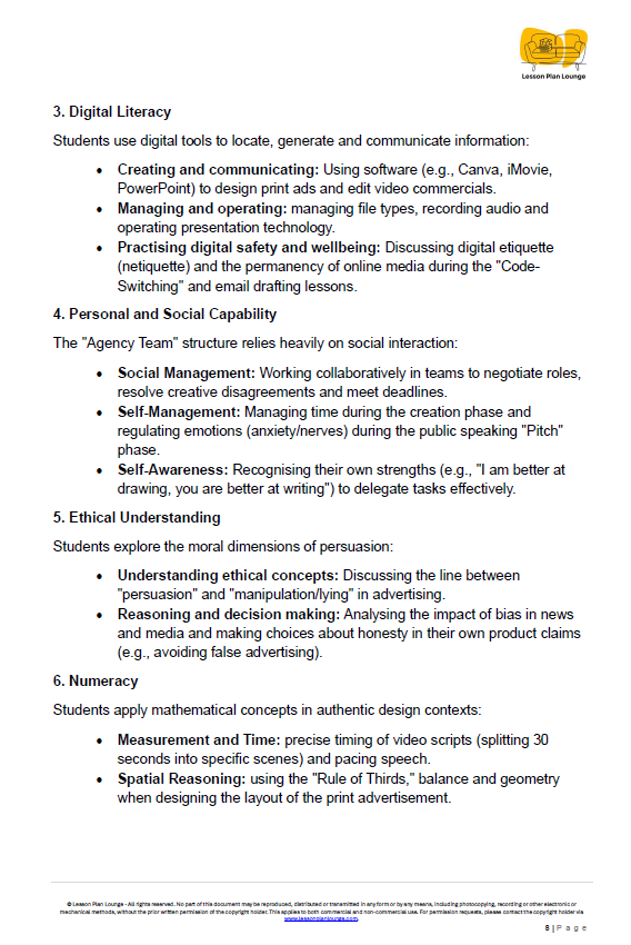 Educational document on digital literacy, personal and social capability, ethical understanding, and numeracy with a visible logo at the top.