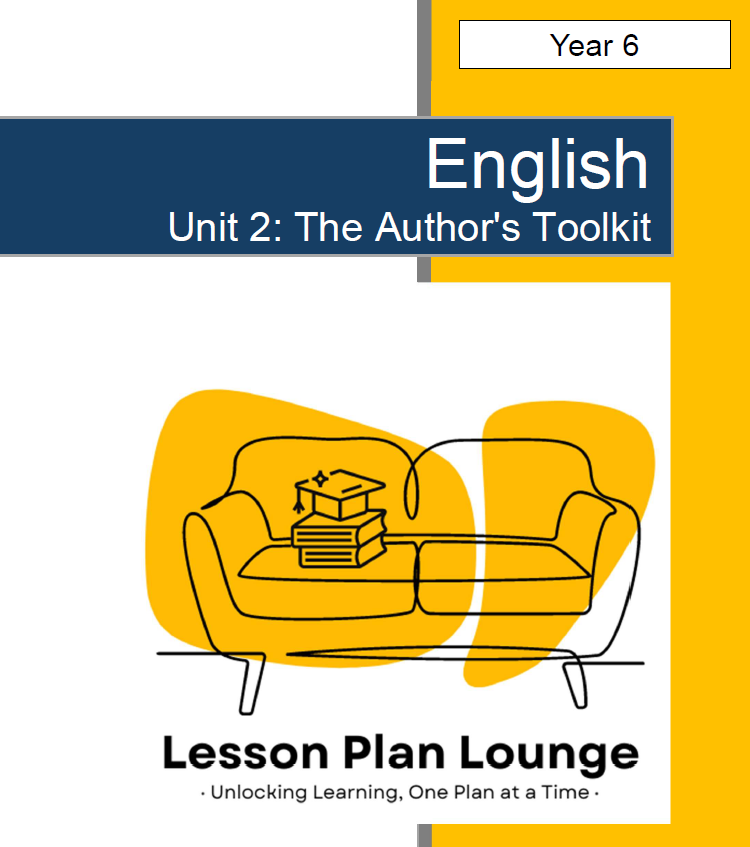 Cover of a Lesson Plan titled 'English Unit 2: The Author's Toolkit' from Lesson Plan Lounge with a yellow couch and books illustration.