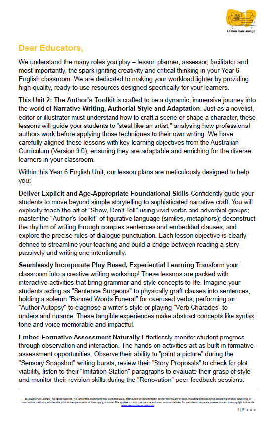 Educational document about a Year 6 English unit with lesson plans and activities.