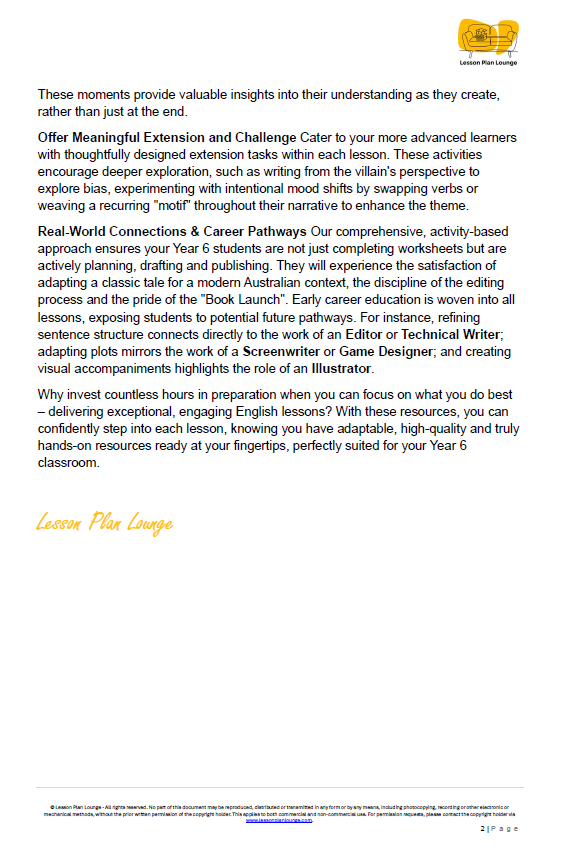 Educational document with text about lesson plans and resources for Year 6 students, featuring a logo at the top.