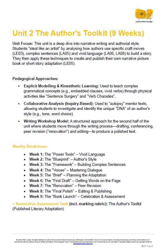 Educational document titled 'Unit 2 The Author's Toolkit' with text and logos on a white background