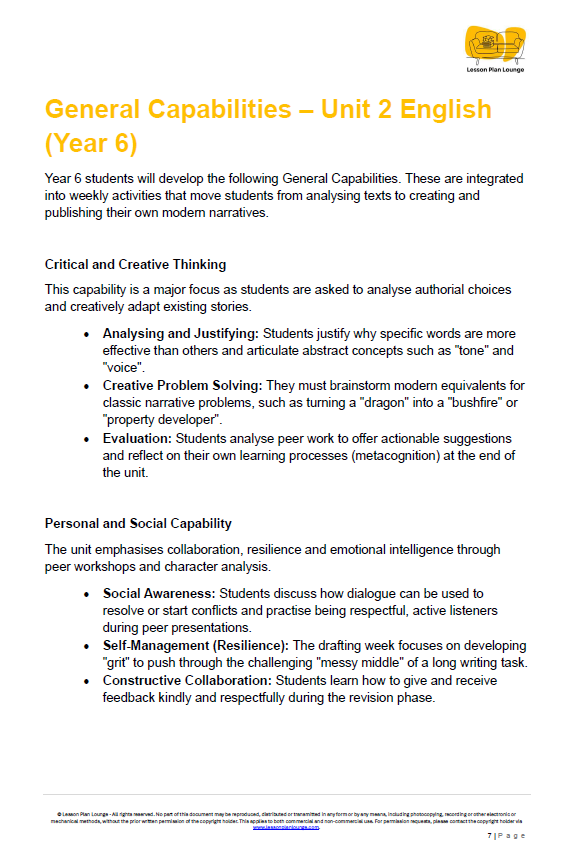 Educational document on General Capabilities for Year 6 English, featuring text and a logo at the top.