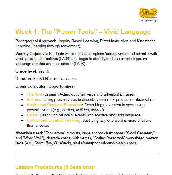 Lesson Plan Lounge - English Lesson Plans - Year 6 - Week 1 The Power Tools and Vivid Language