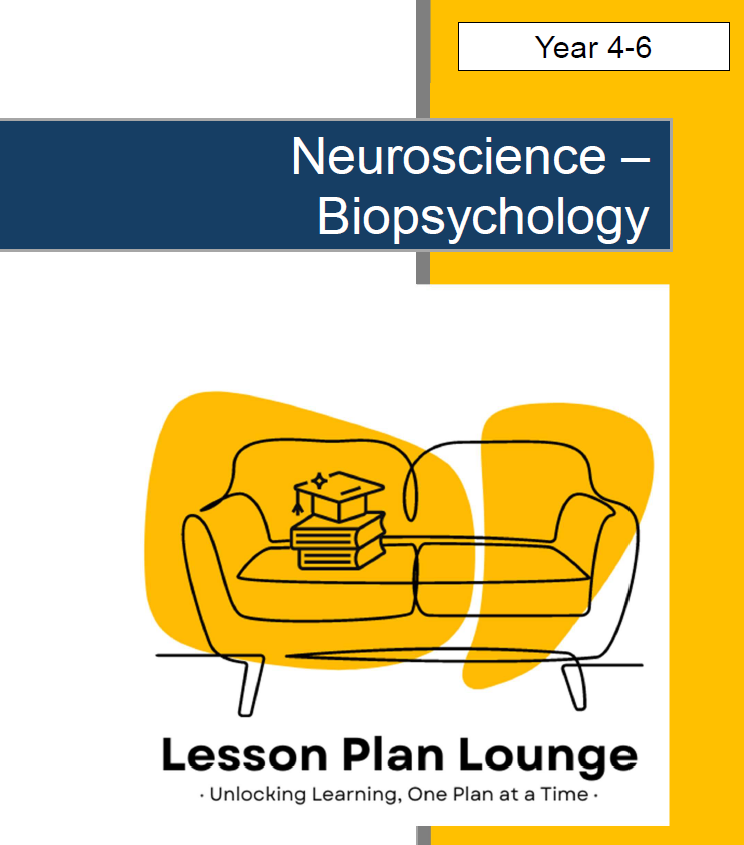 Cover of a book or resource titled 'Neuroscience - Biopsychology' from Lesson Plan Lounge, featuring a yellow couch and books.
