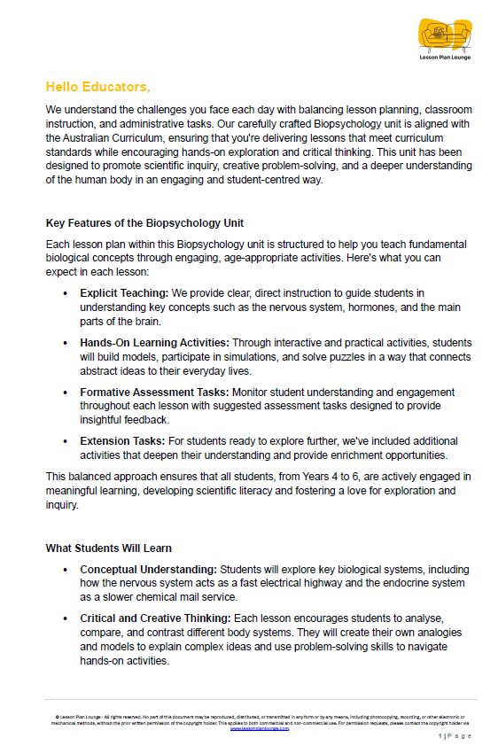 Educational document about a Biopsychology unit with features and key learning outcomes.