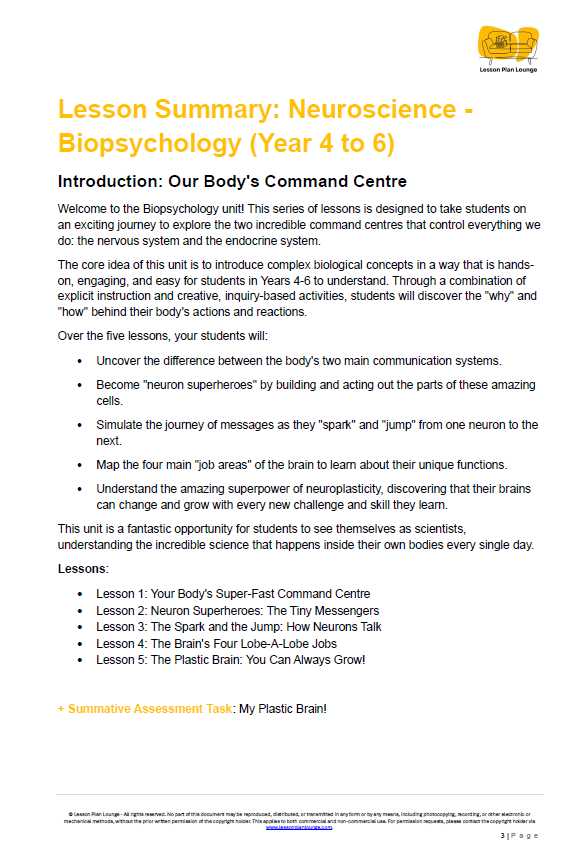 Lesson summary for Neuroscience Biopsychology course for Year 4 to 6 students, featuring text and a logo on a white background.
