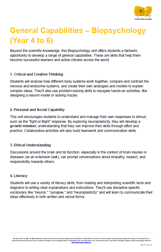 Educational document on Biopsychology for Year 4 to 6 students, detailing general capabilities.