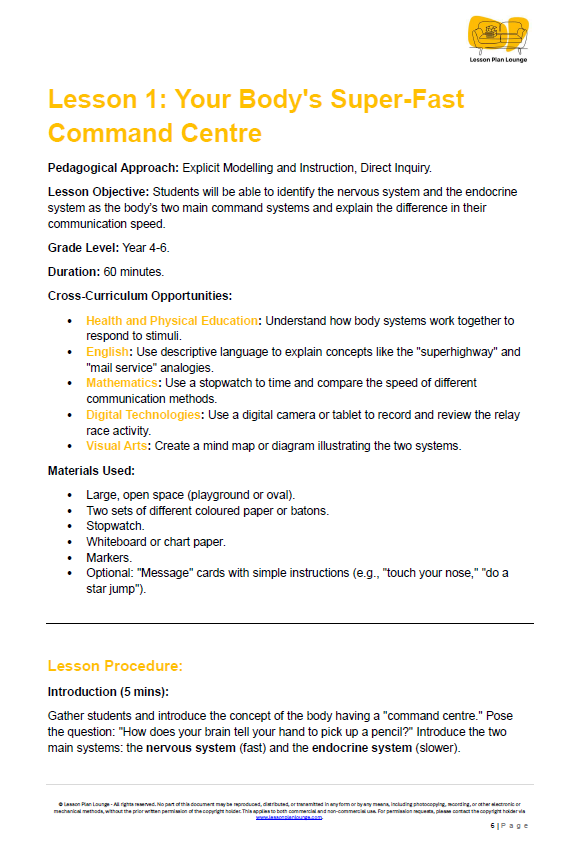 Educational lesson plan on the nervous and endocrine systems for Year 4-5 students.