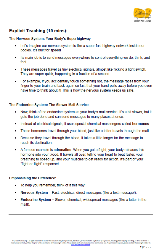 Educational document about the nervous system and endocrine system with text and a logo at the top.