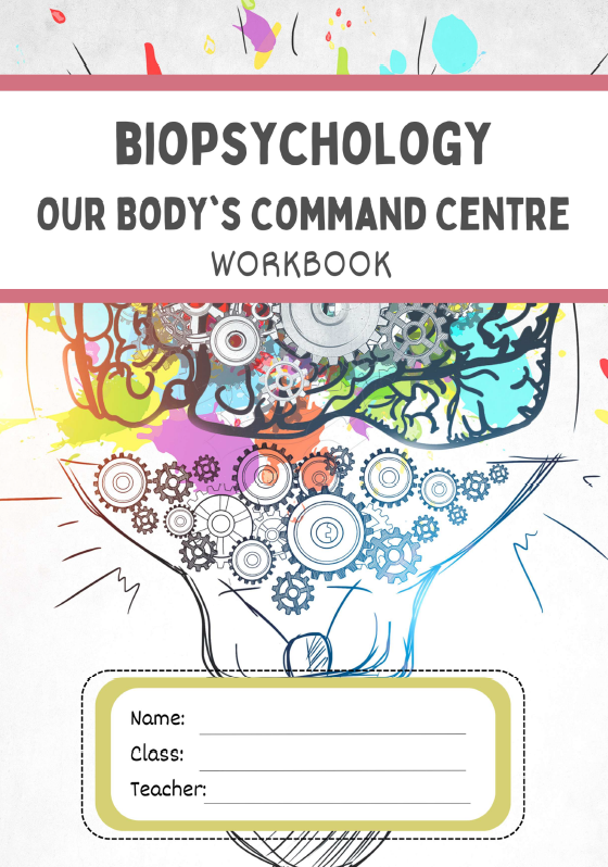 Workbook cover for Biopsychology with colorful brain illustration and text 'Our Body's Command Centre'.