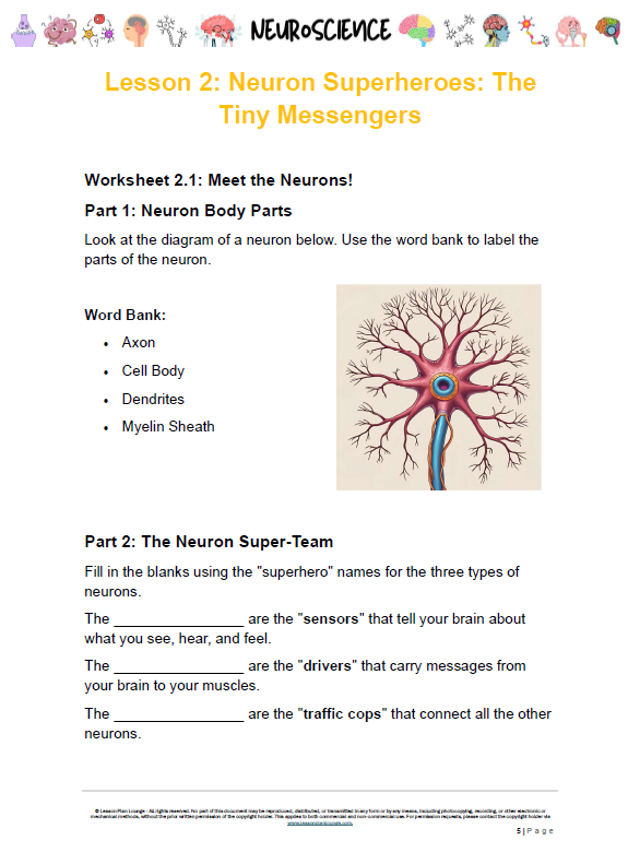 Neuron-themed educational worksheet for children labeled 'Neuroscience Lesson 2: Neuron Superheroes'.