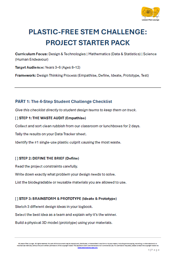 Lesson Plan Lounge - FREE Design Unit - Plastic FREE STEM Challenge
