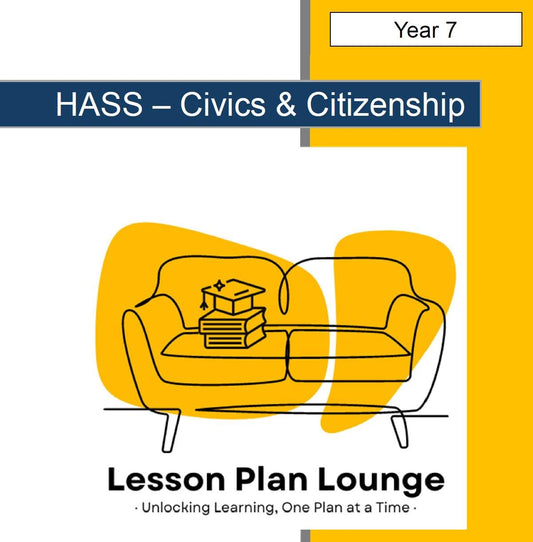 Cover of 'HASS - Civics & Citizenship' lesson plan with a yellow couch and books illustration.