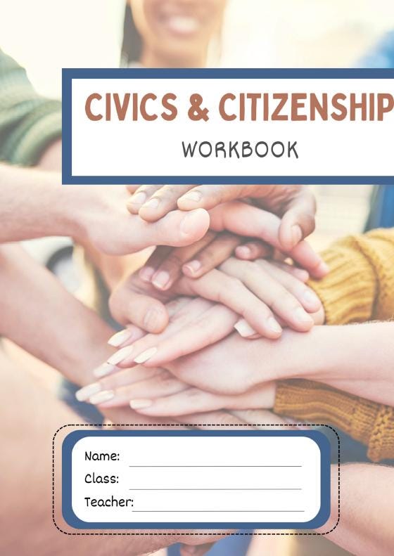 Civics and Citizenship workbook cover with hands stacked together, indicating teamwork and unity.