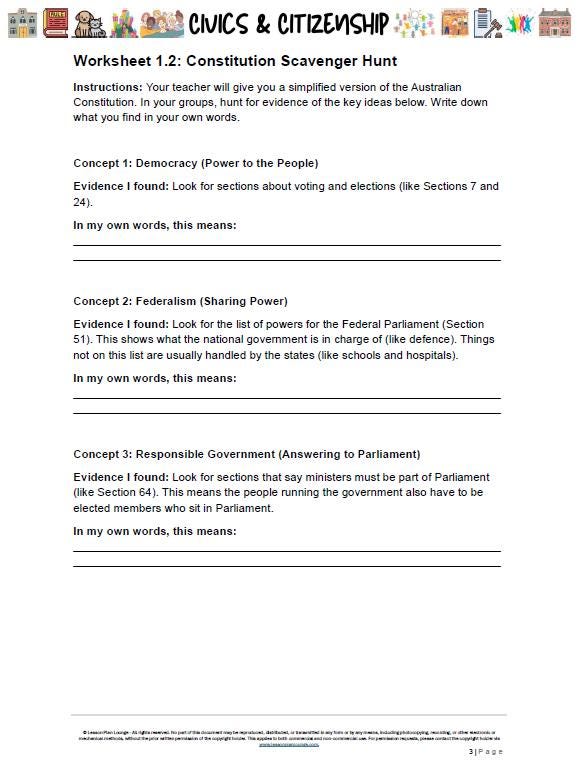 Worksheet titled 'Constitution Scavenger Hunt' for Civics & Citizenship with instructions and sections to fill out.