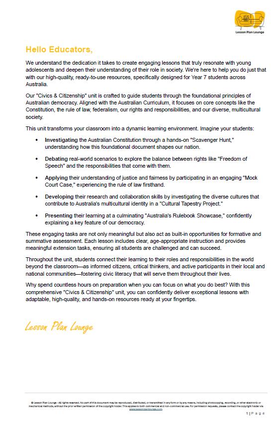 Educational document about a Civics & Citizenship unit for Year 7 students in Australia, with a yellow logo at the top.