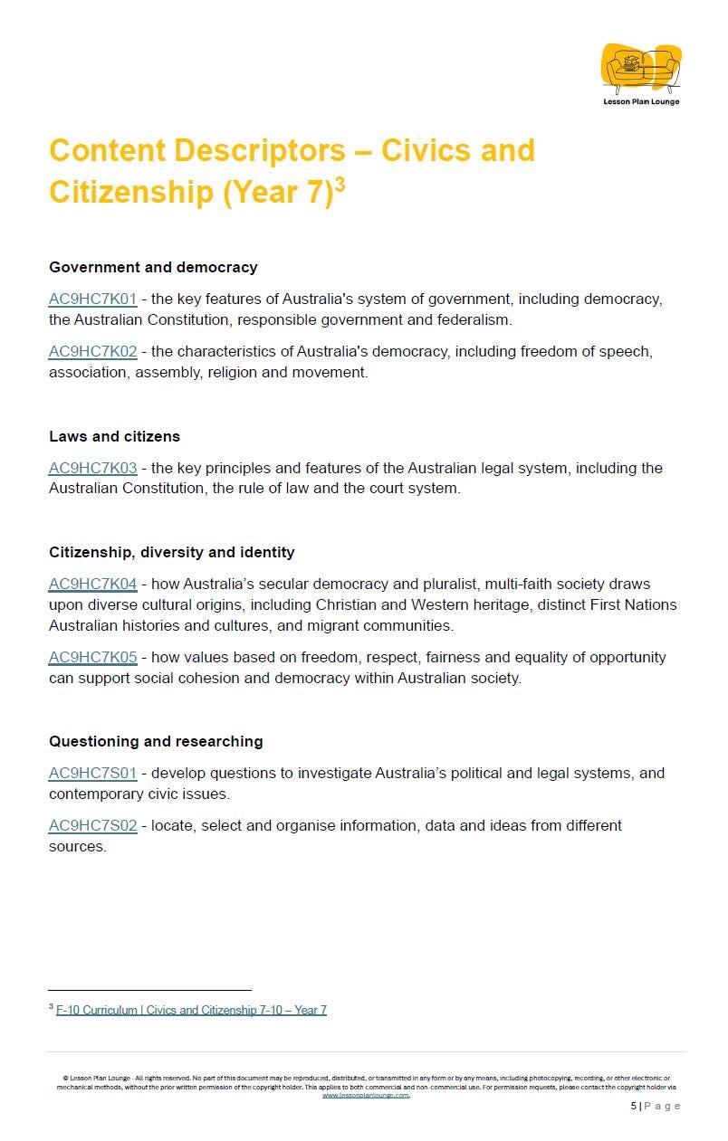 Sheet of content descriptors for Civics and Citizenship in Year 7, listing topics and key terms.