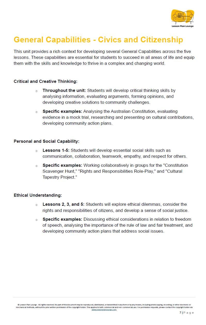 Educational document on General Capabilities for Civics and Citizenship with a visible logo at the top.