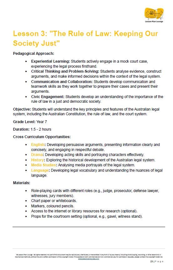 Educational lesson plan on the Rule of Law for Year 7 students, including objectives, materials, and activities.