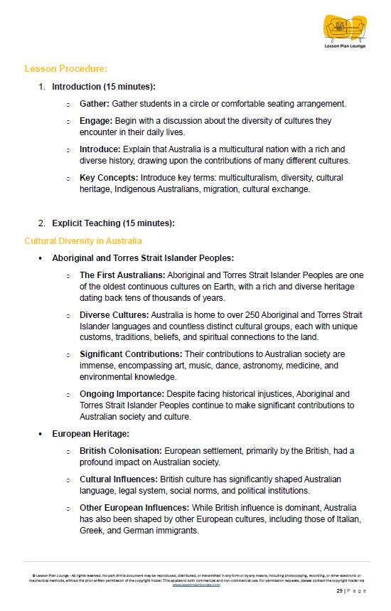 Educational lesson plan on multiculturalism and Australian history