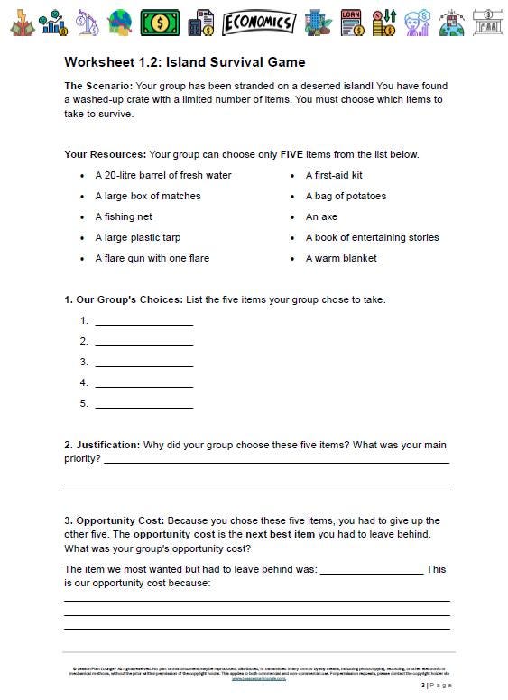Worksheet titled 'Island Survival Game' with a scenario and resource list.