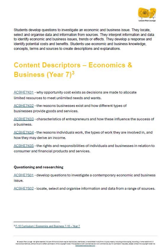 Sheet of content descriptors for Economics and Business Year 7 on a white background