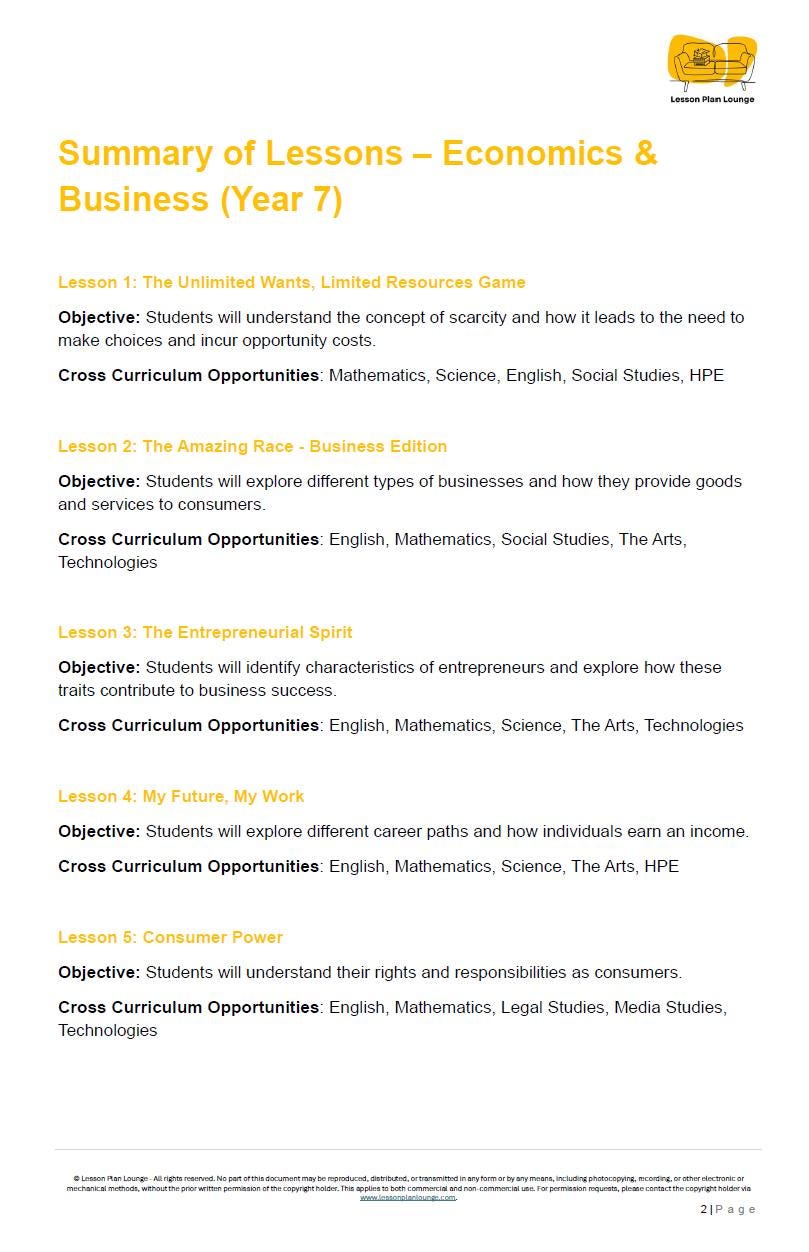Summary of Lessons for Economics & Business Year 7 on a white background