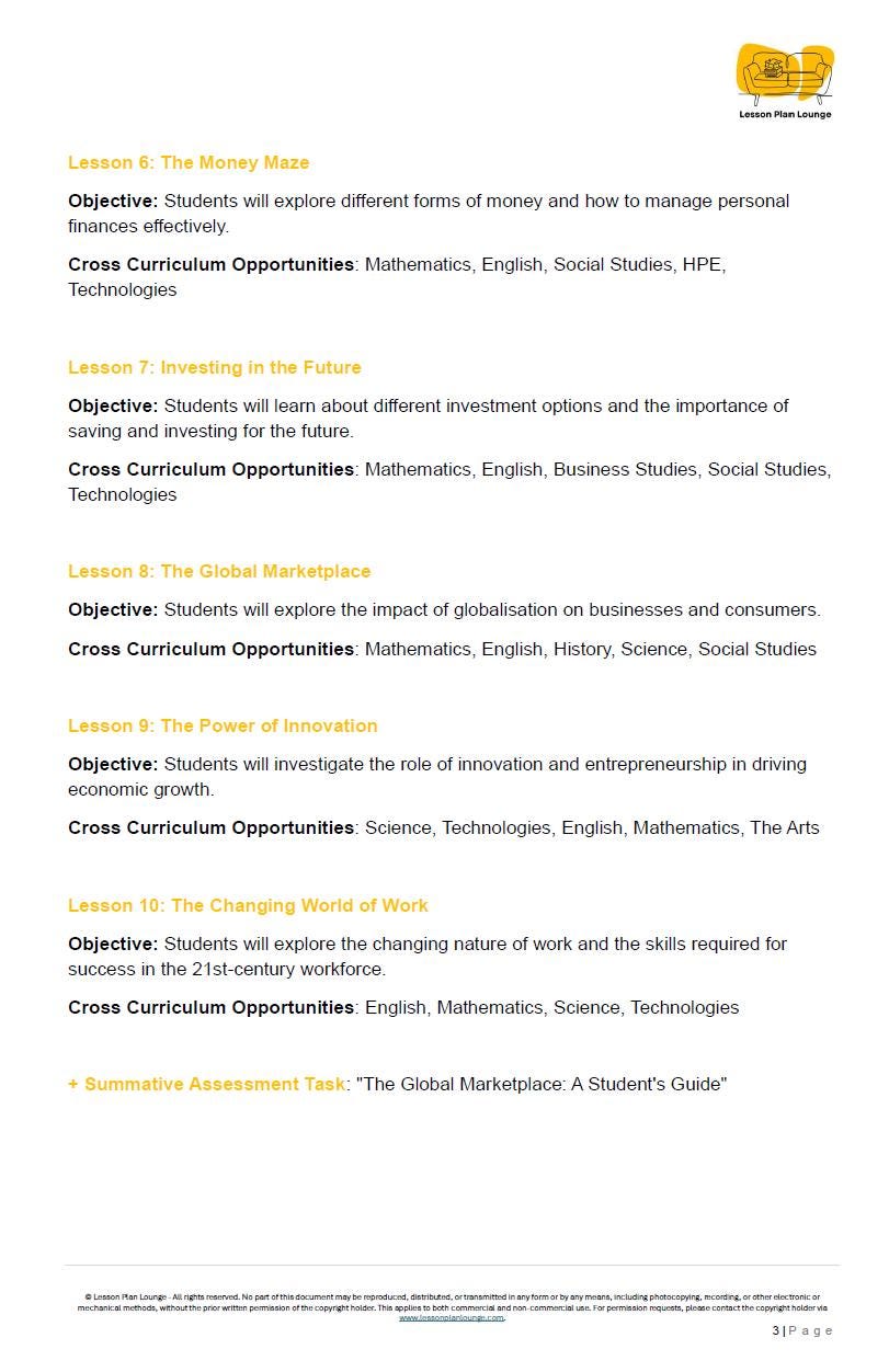 Educational document with lesson outlines and objectives on a white background