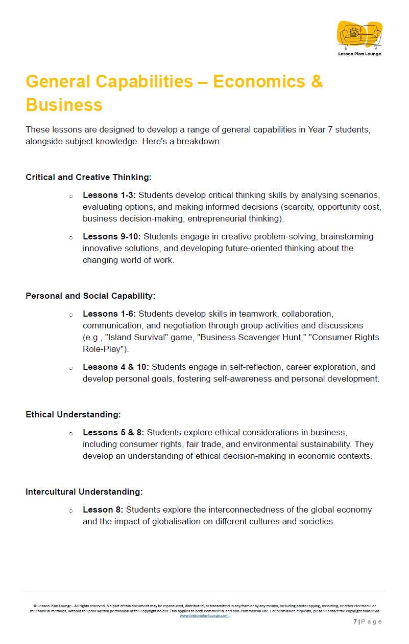Sheet of paper with text on general capabilities in economics and business, including critical thinking, personal social capability, ethical understanding, and intercultural understanding.