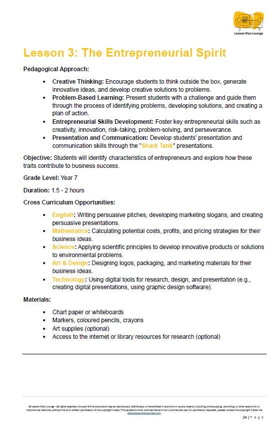 Educational lesson plan on the entrepreneurial spirit with a logo at the top right corner.