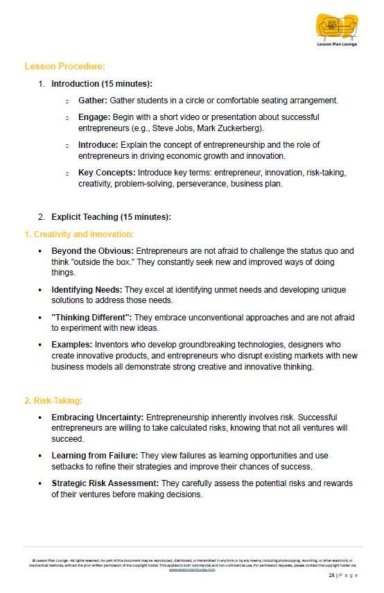 Educational lesson plan on entrepreneurship with a title and bullet points.