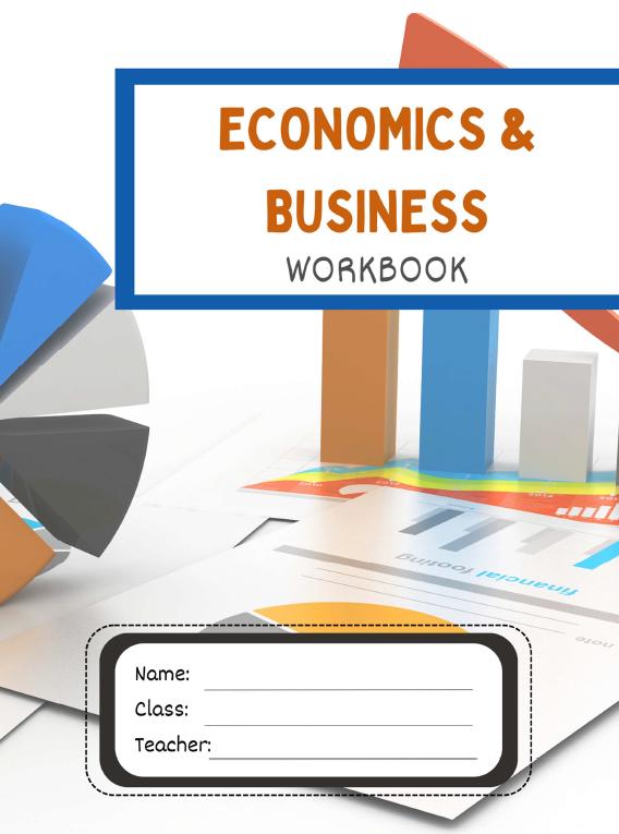 Workbook cover for Economics and Business with graphs and charts on a white background