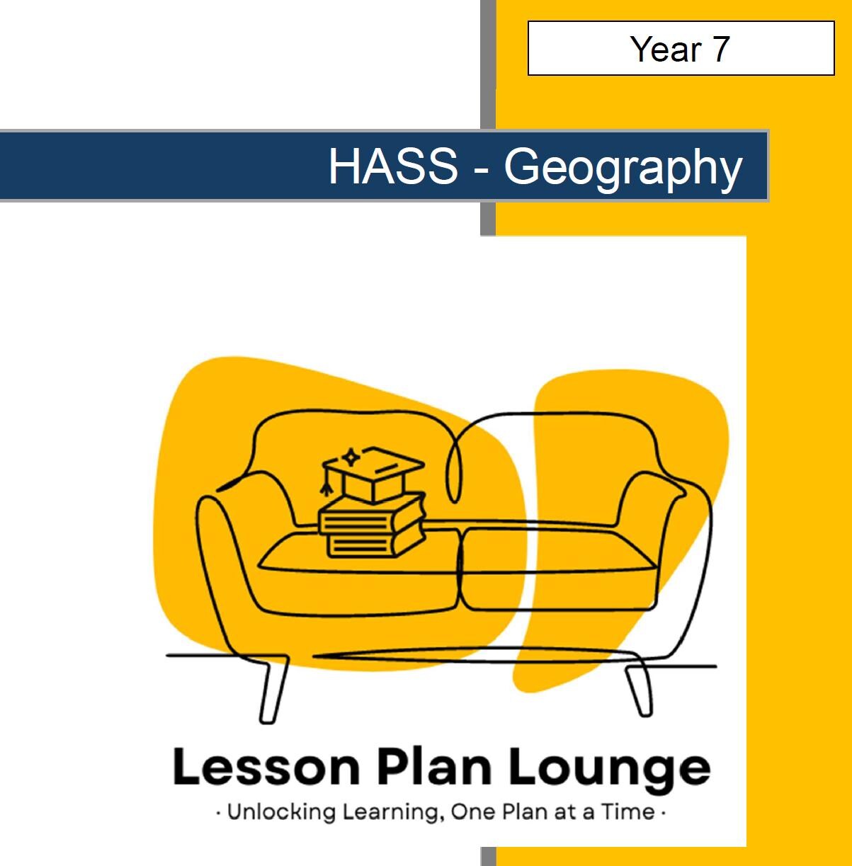 Lesson plan cover for Year 7 HASS Geography with a yellow couch and books illustration.