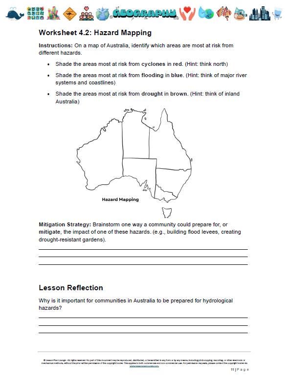 Hazard mapping worksheet for Australia with a map of Australia and instructions.