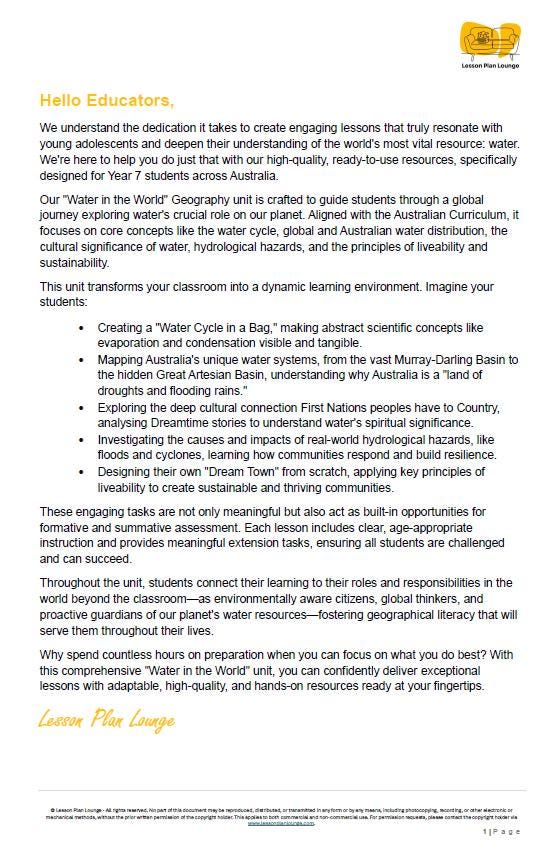 Educational flyer for a geography unit on water resources for Year 7 students, designed by Waterworld.