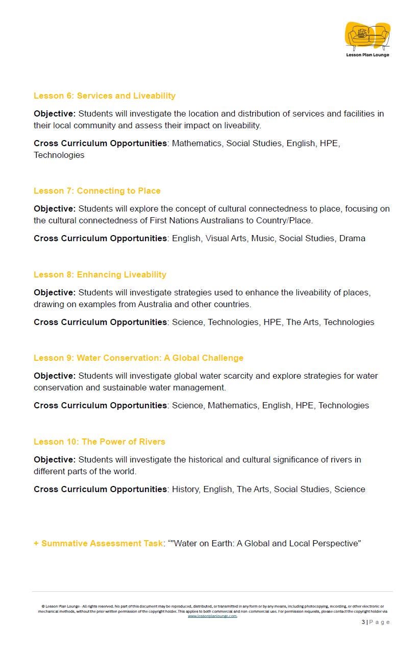 Educational document with lesson objectives and cross-curricular opportunities on a white background
