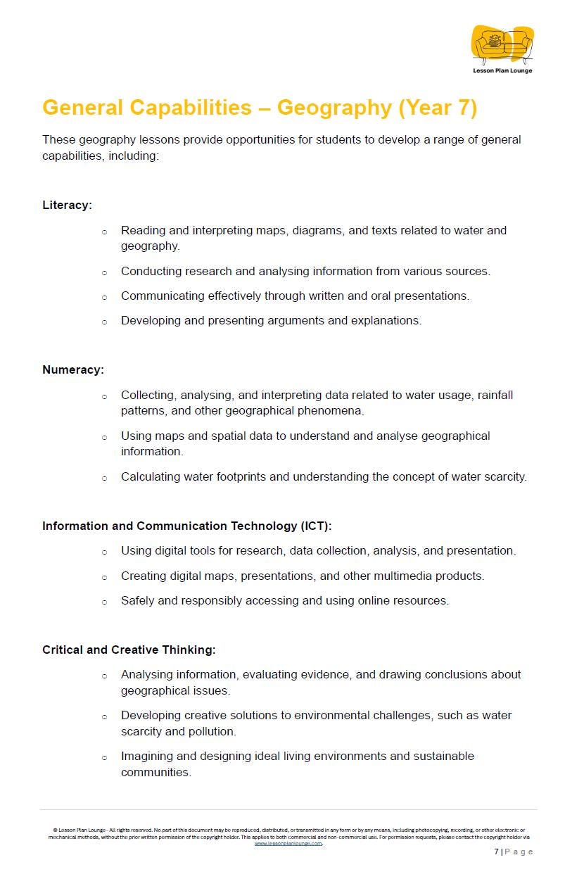 Geography lesson plan for Year 7 students with general capabilities listed.