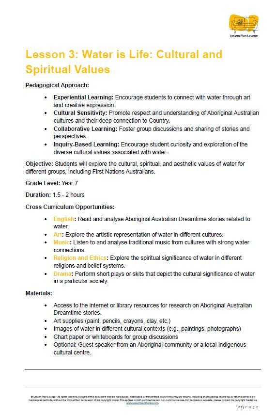 Educational lesson plan on water's cultural and spiritual values for Year 7 students.
