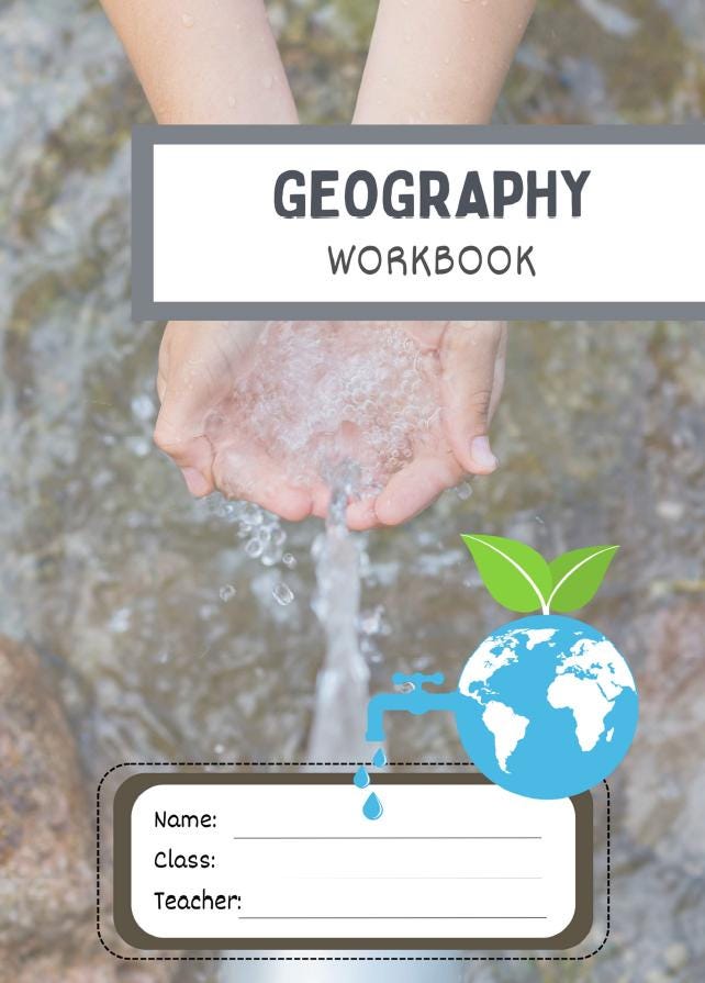 Geography workbook cover with hands touching water and a world map icon.