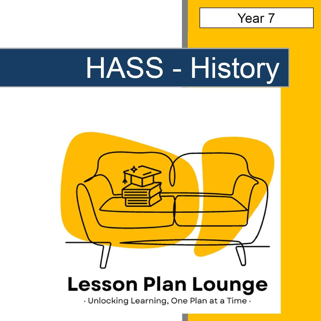 Cover of a 'HASS - History' lesson plan book with a yellow couch and books illustration.
