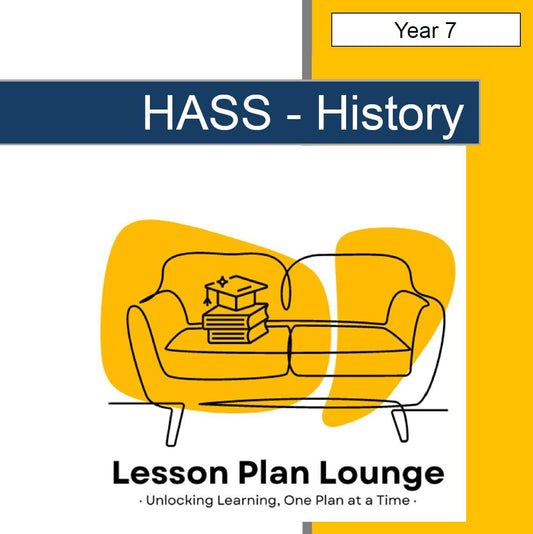 Cover of a 'HASS - History' lesson plan book with a yellow couch and books illustration.