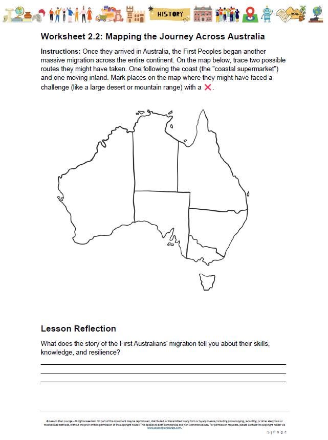Map of Australia on a worksheet titled 'Mapping the Journey Across Australia' with instructions and reflection questions.