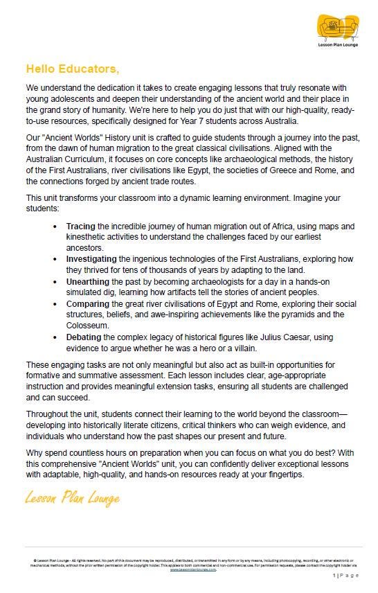 Educational document about an ancient world history unit for Year 7 students in Australia.