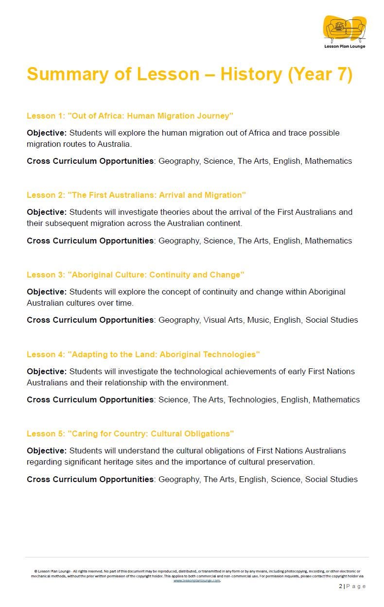Summary of Lesson for History Year 7 with lesson objectives and cross-curriculum opportunities listed.
