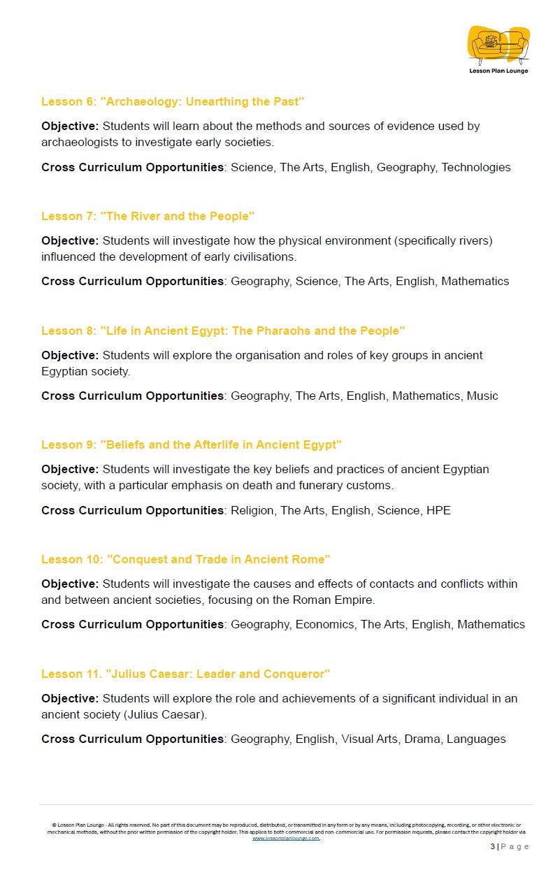Educational lesson plan with objectives and cross-curricular opportunities on a white background