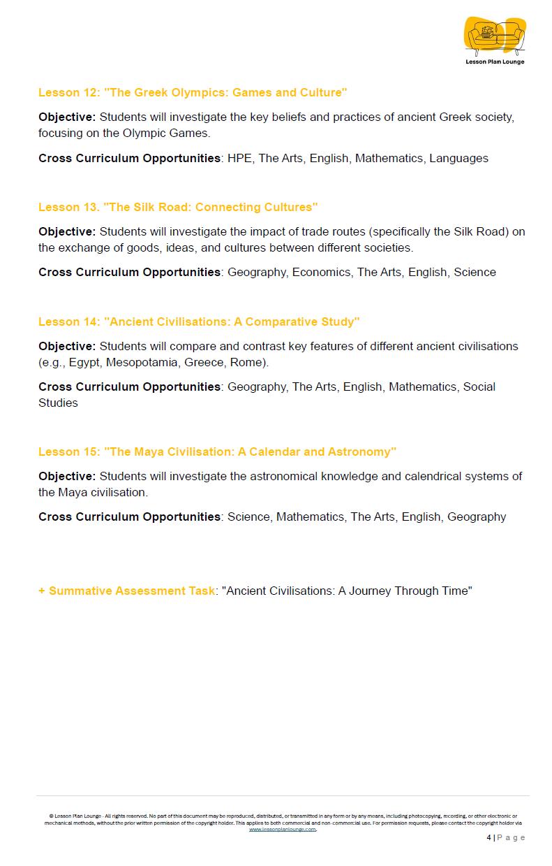 Educational lesson plan with objectives, cross-curricular opportunities, and a summary assessment task on ancient civilizations.