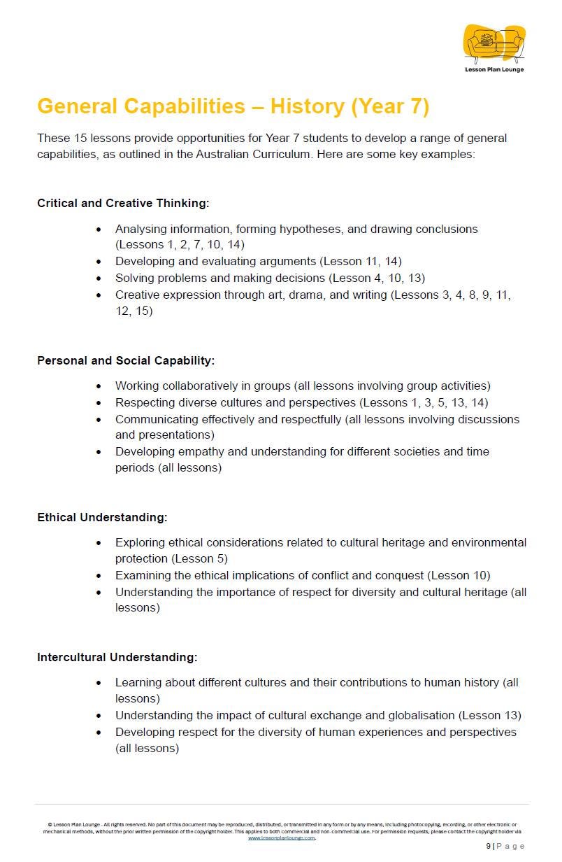 Sheet of paper with text on general capabilities for Year 7 history lessons, featuring a logo at the top right corner.