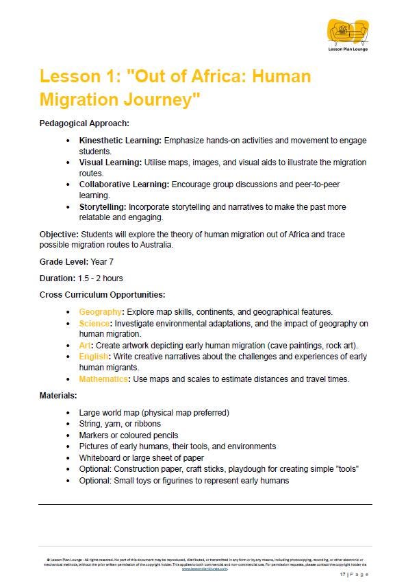 Educational lesson plan titled 'Out of Africa: Human Migration Journey' with details on pedagogical approach, objectives, and materials.