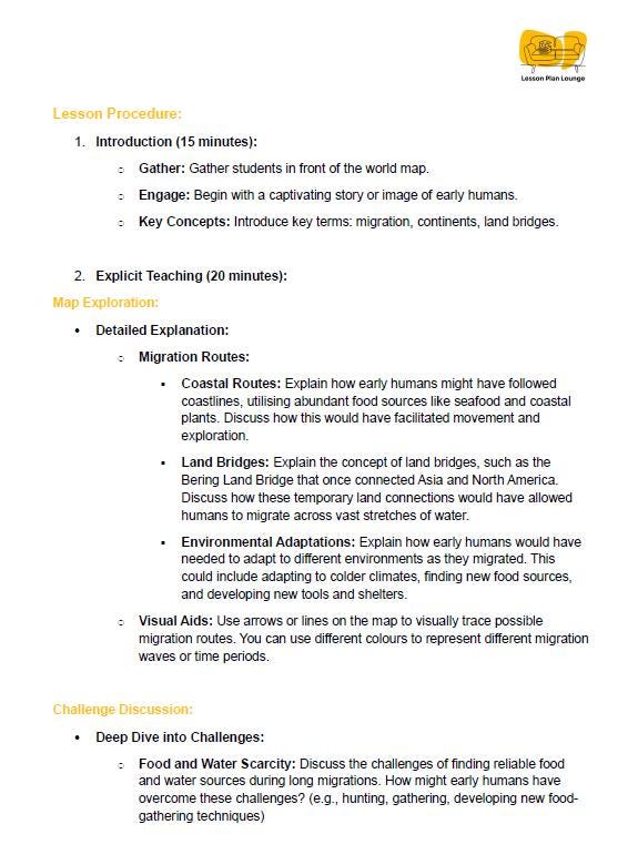Educational lesson plan on migration routes and land bridges with a world map and bullet points.