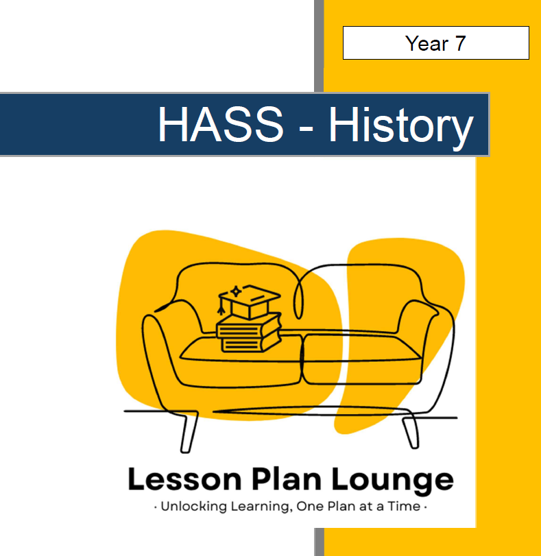 Cover of a 'HASS - History' lesson plan book with a yellow couch and books illustration.